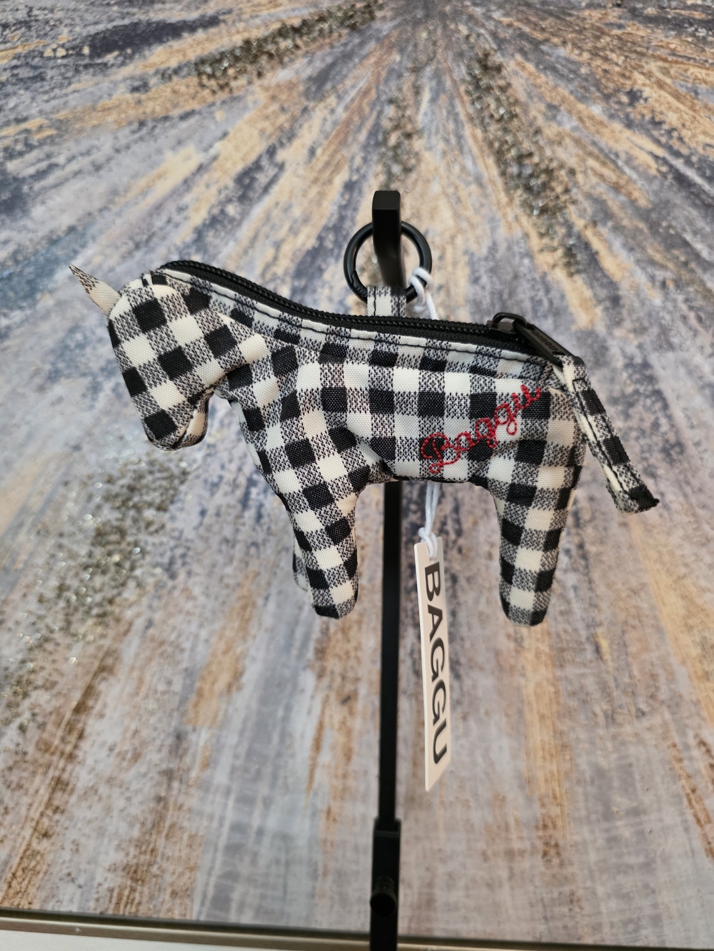 BAGGU Black & White Gingham Pony Coin Pouch Keychain